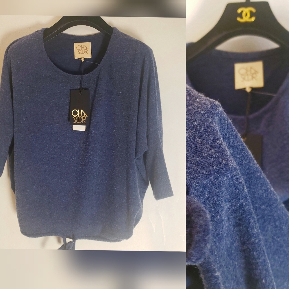 NEW CHASER Blue Sweater Top Tee SMALL Boat Neck Long sleeve Drawstring Stretch - Picture 5 of 13